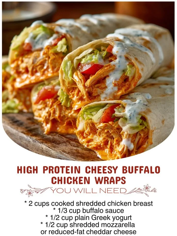 Delicious high protein cheesy buffalo chicken wraps served on a plate.