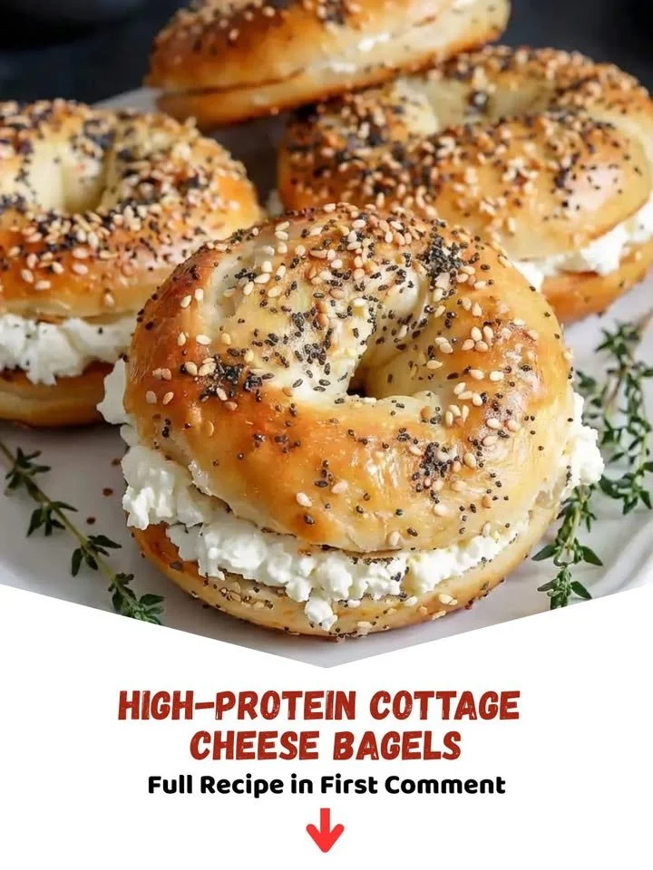 High-protein cottage cheese bagels topped with seeds on a wooden board