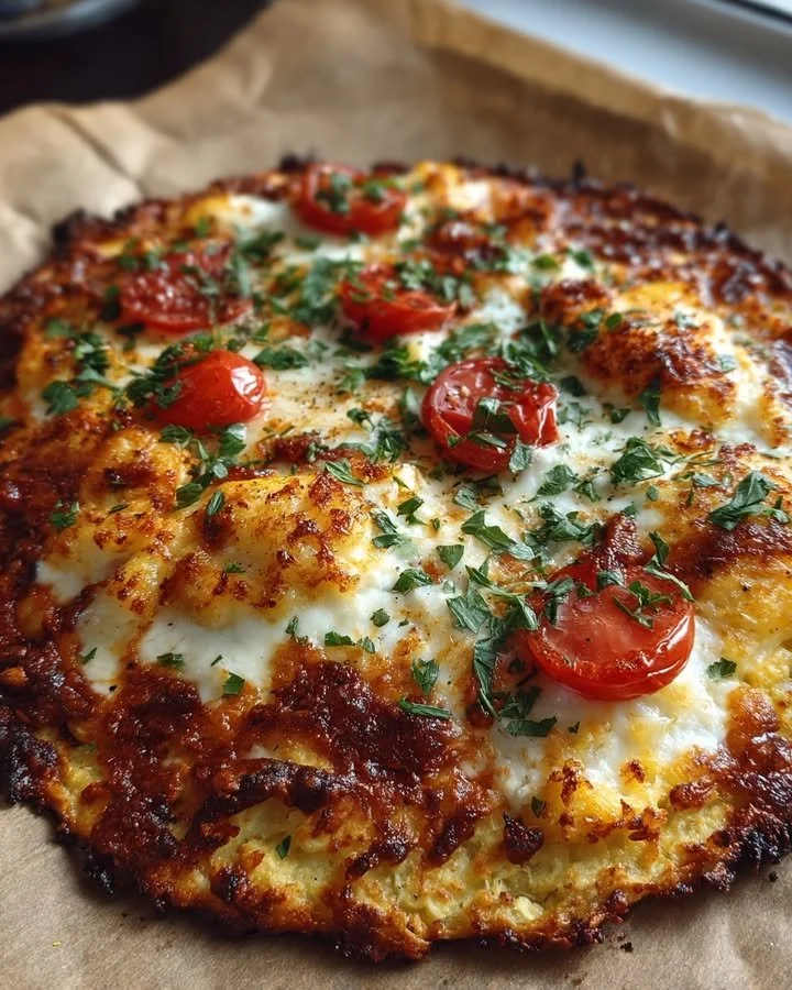 High-protein cottage cheese flatbread pizza topped with fresh ingredients.
