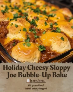 Delicious Holiday Cheesy Sloppy Joe Bubble-Up Bake topped with melty cheese