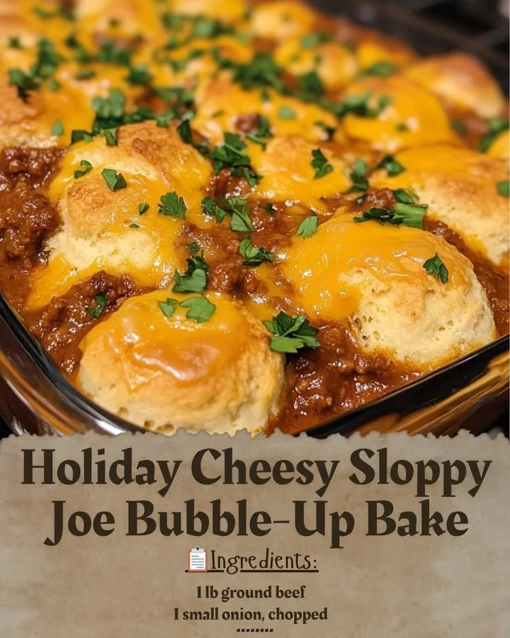 Delicious Holiday Cheesy Sloppy Joe Bubble-Up Bake topped with melty cheese
