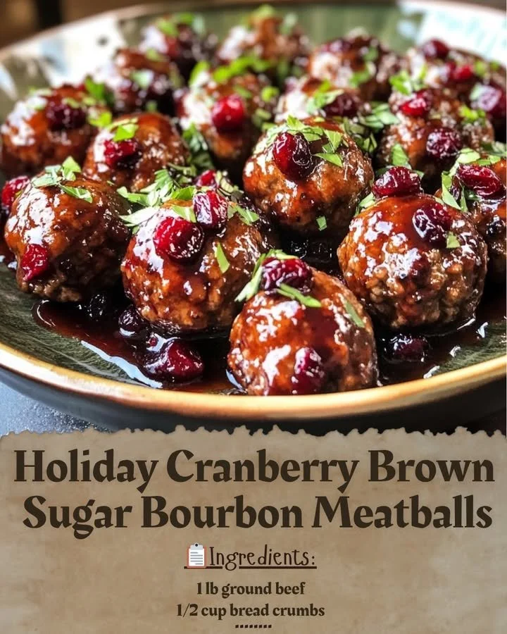 Holiday cranberry meatballs glazed with brown sugar bourbon sauce