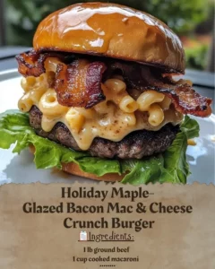Holiday Maple-Glazed Bacon Mac & Cheese Crunch Burger served on a plate.