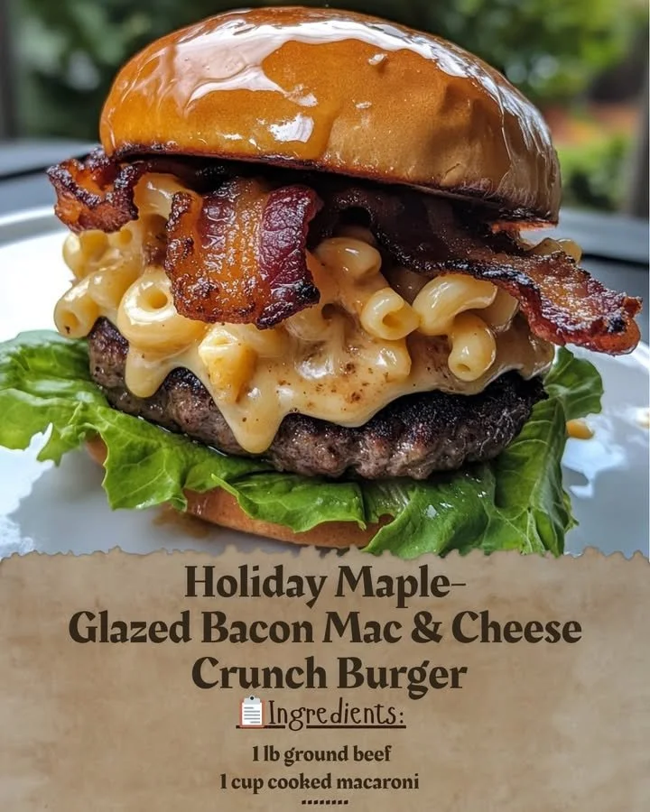 Holiday Maple-Glazed Bacon Mac & Cheese Crunch Burger served on a plate.