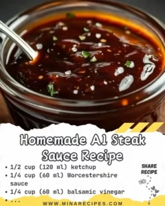 Homemade A1 steak sauce served with grilled steak on a plate.