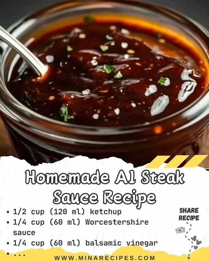 Homemade A1 steak sauce served with grilled steak on a plate.