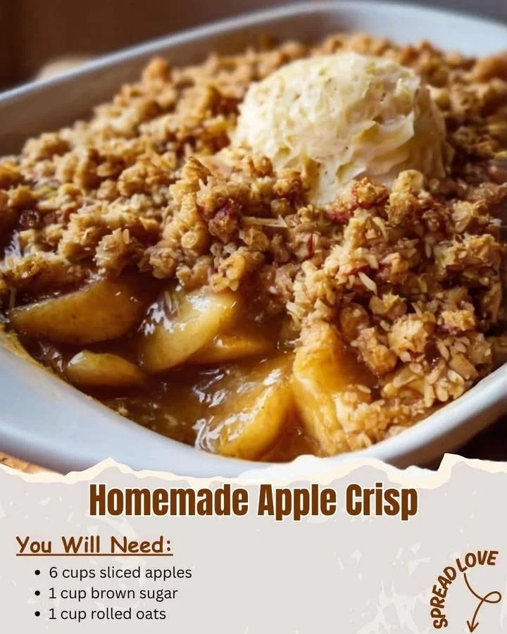 Homemade apple crisp with a golden brown topping and fresh baked apples
