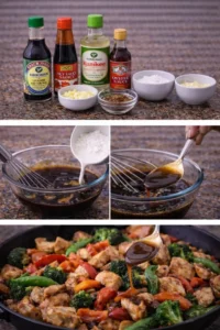 Homemade Asian stir fry sauce in a bowl with fresh vegetables