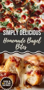 Plate of homemade bagel bites fresh out of the oven, topped with cheese and herbs.