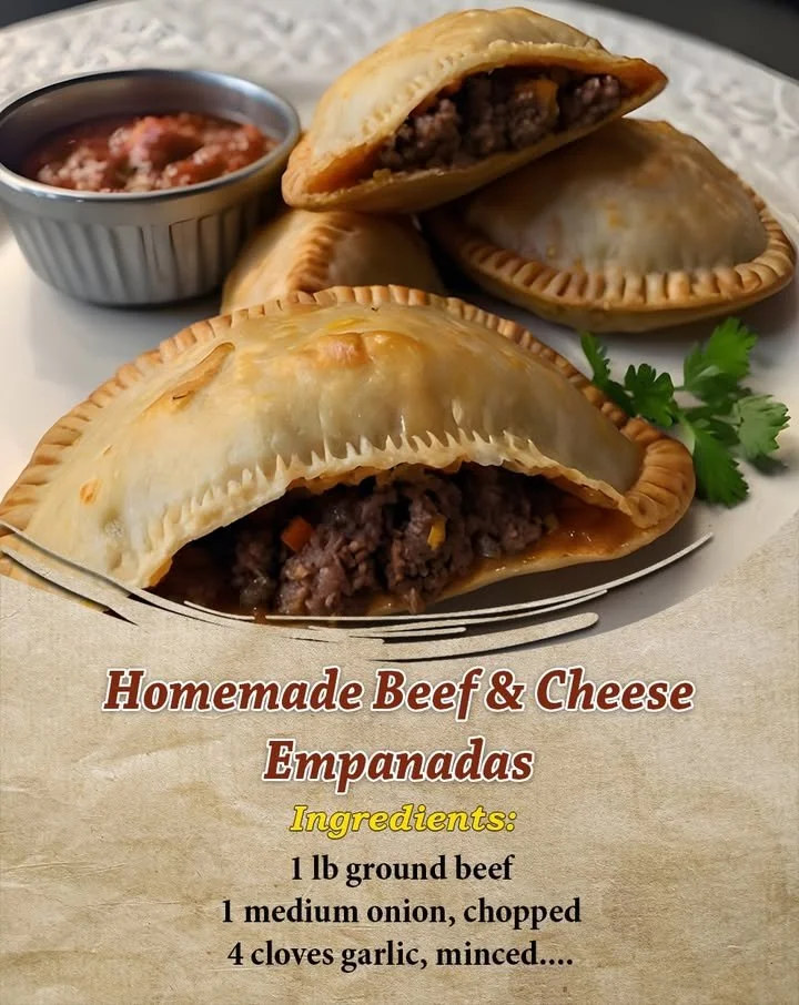 Homemade beef and cheese empanadas fresh out of the oven, golden and flaky.