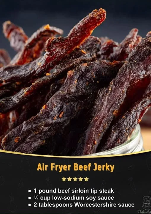 Homemade beef jerky made in an air fryer, showcasing savory and flavorful strips.