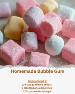 Homemade bubble gum recipe and ingredients displayed on a countertop
