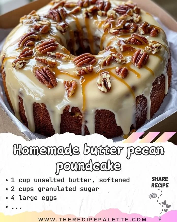 Homemade butter pecan poundcake fresh from the oven with pecans sprinkled on top.
