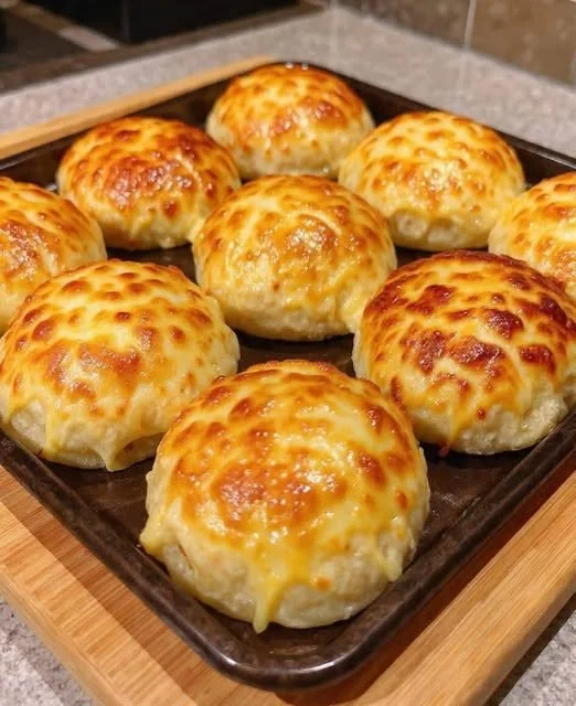 Freshly baked homemade cheddar cheese rolls on a wooden table.