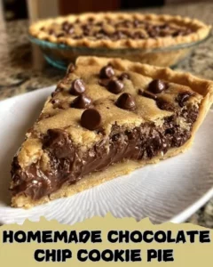 Delicious homemade chocolate chip cookie pie on a wooden table