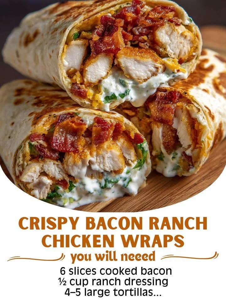 Homemade crispy bacon ranch chicken wraps stacked and ready to serve.