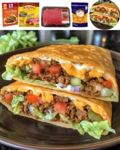 A homemade Crunchwrap Supreme filled with layers of meat, cheese, and veggies.