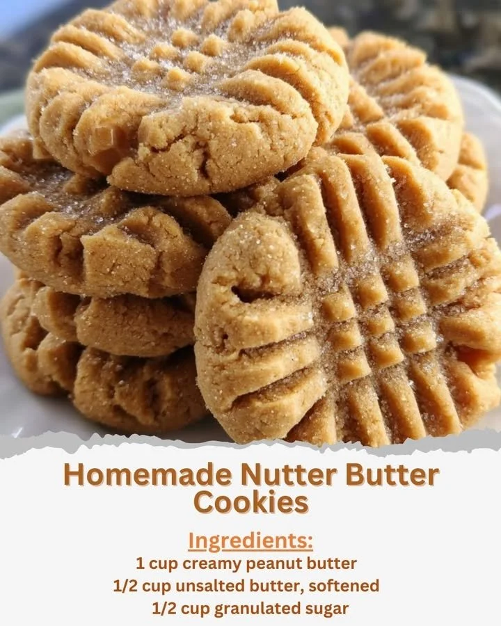 Freshly baked homemade Nutter Butter cookies stacked on a plate