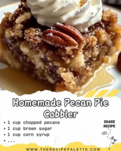 Delicious homemade pecan pie cobbler served in a rustic dish with toppings.