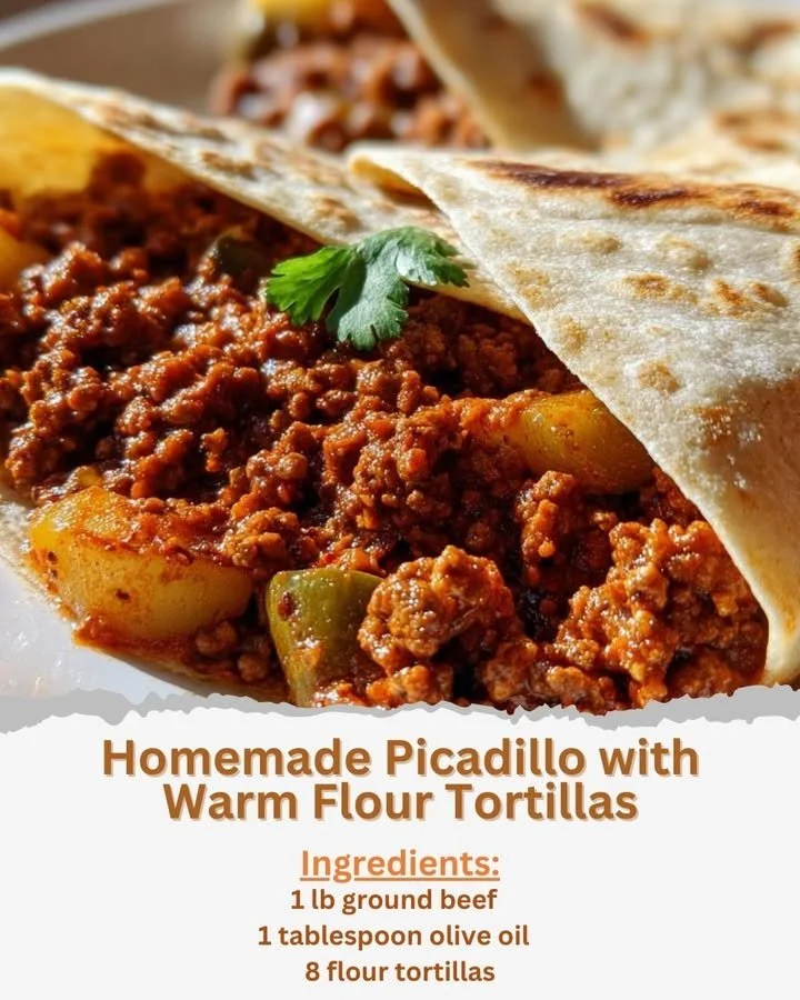 Delicious homemade picadillo served with warm flour tortillas on a plate.