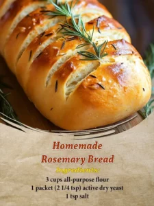Loaf of homemade rosemary bread with fresh herbs on a rustic wooden table.