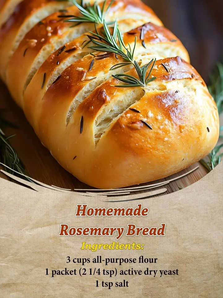 Loaf of homemade rosemary bread with fresh herbs on a rustic wooden table.