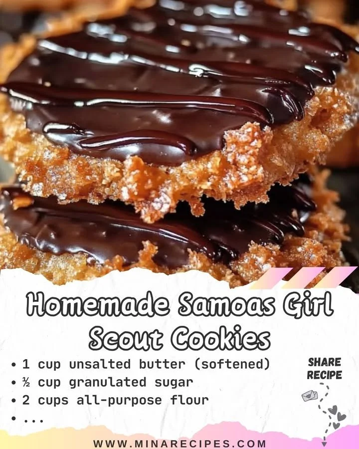 Homemade Samoas cookies topped with caramel and coconut