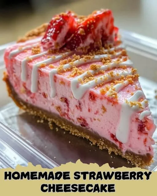 Homemade strawberry cheesecake topped with fresh strawberries and a graham cracker crust.