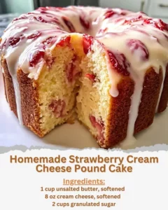 Slice of homemade strawberry cream cheese pound cake on a decorative plate