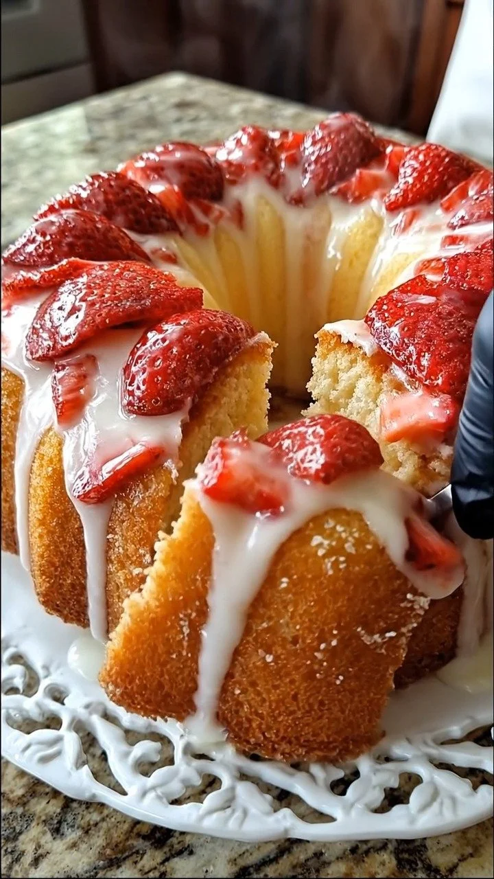 Homemade strawberry cream cheese pound cake with fresh strawberries on top