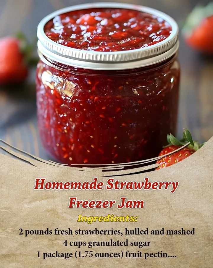 Fresh homemade strawberry freezer jam in a glass jar