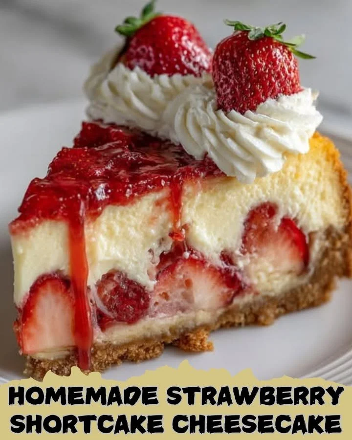 Homemade strawberry shortcake cheesecake topped with fresh strawberries