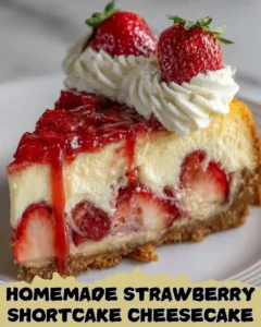 Homemade strawberry shortcake cheesecake topped with fresh strawberries and whipped cream.