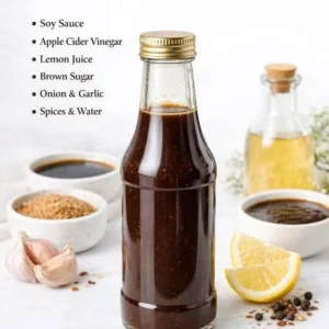 Bottles of homemade Worcestershire sauce with fresh ingredients and spices