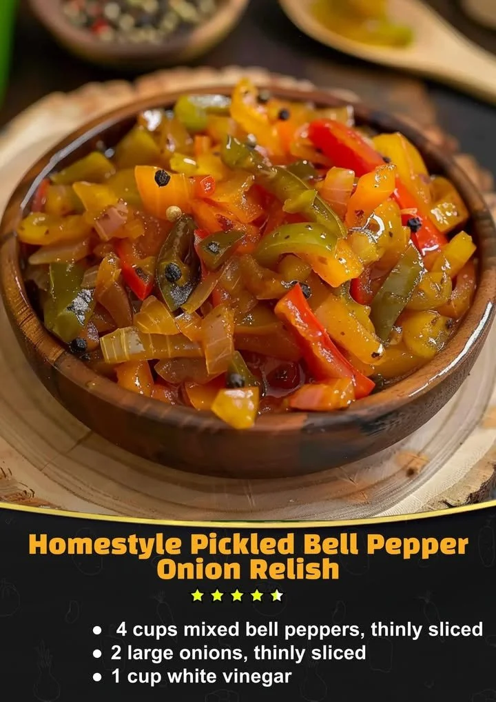 Homestyle pickled bell pepper onion relish in a jar, ready to enhance meals.