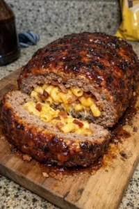 Honey BBQ Bacon Mac and Cheese Stuffed Burger Loaf with flavorful toppings