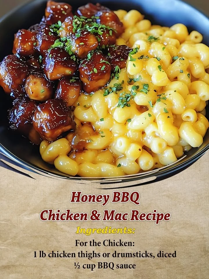 Delicious Honey BBQ Chicken served with creamy macaroni and cheese