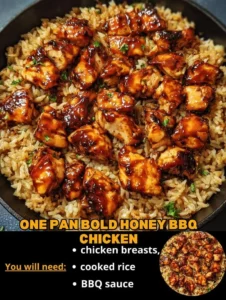 Honey BBQ Chicken served over a bed of rice, garnished with green onions.