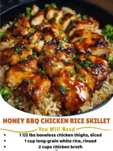 Honey BBQ Chicken Rice Skillet dish with tender chicken and rice in a savory sauce