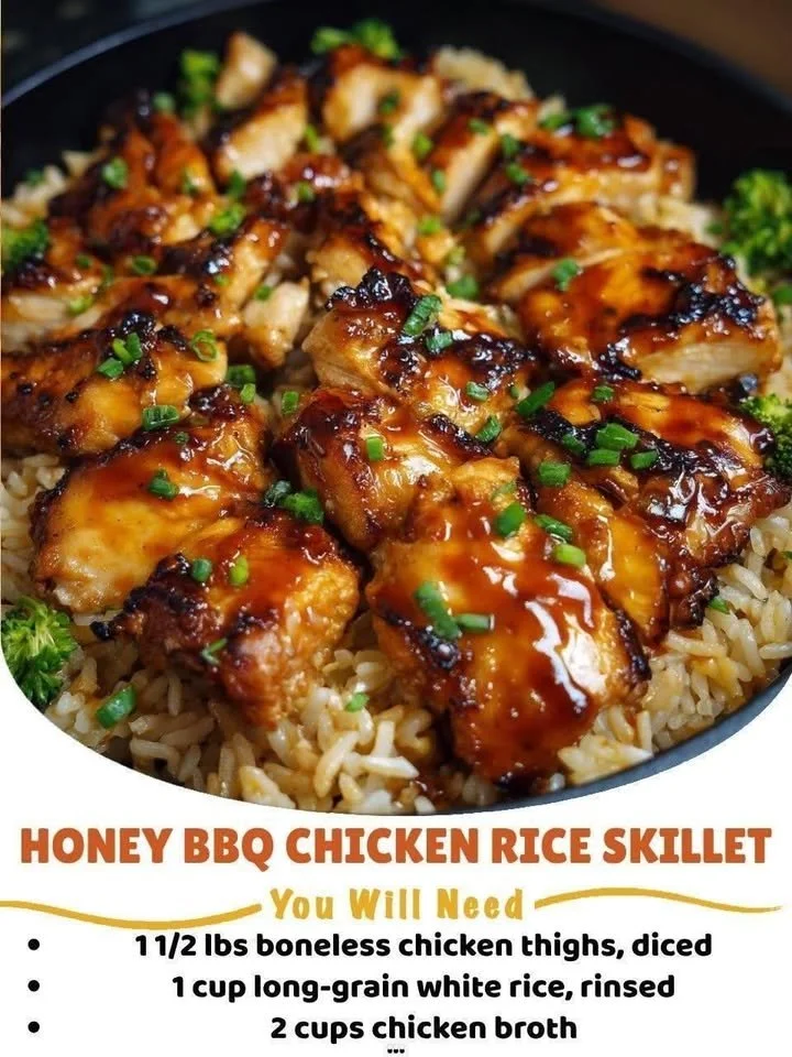 Honey BBQ Chicken Rice Skillet dish with tender chicken and rice in a savory sauce