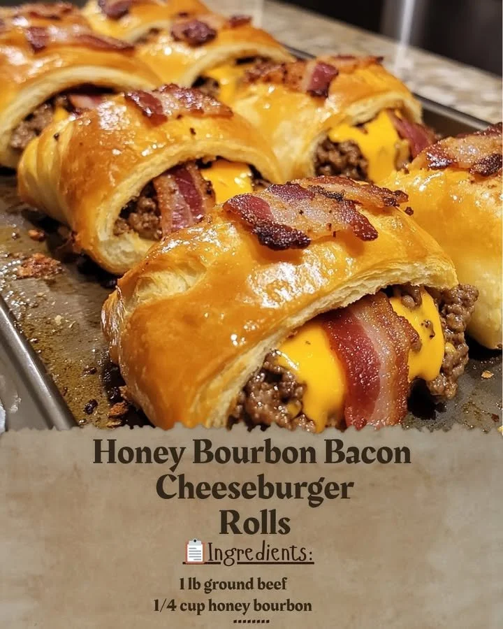 Honey Bourbon Bacon Cheeseburger Rolls with melted cheese and crispy bacon