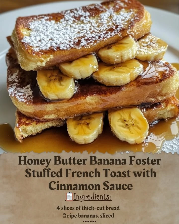 Honey Butter Banana Foster Stuffed French Toast with Cinnamon Sauce on a plate