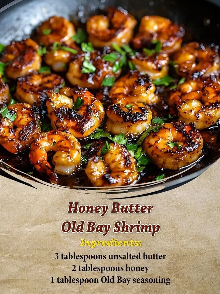 Delicious Honey Butter Old Bay Shrimp on a plate, garnished for presentation.