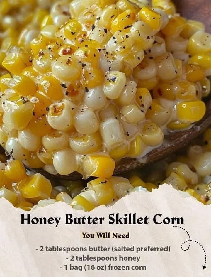 Delicious Honey Butter Skillet Corn served in a skillet with honey and butter