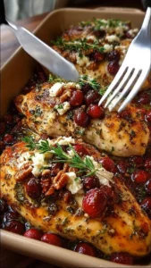 Honey Cranberry Chicken Bake topped with creamy ricotta cheese, garnished with cranberries.
