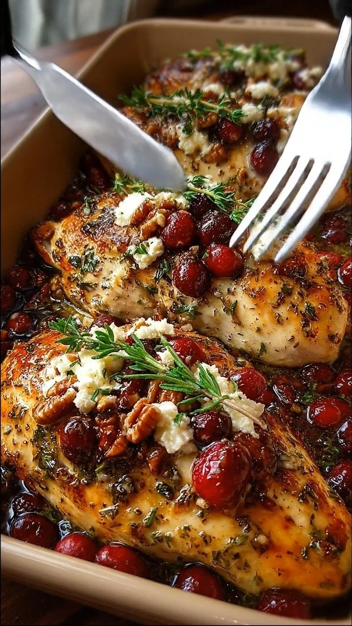 Honey Cranberry Chicken Bake topped with creamy ricotta cheese, garnished with cranberries.