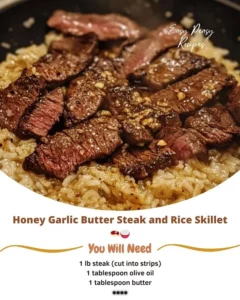 Honey Garlic Butter Steak served over rice in a skillet dish