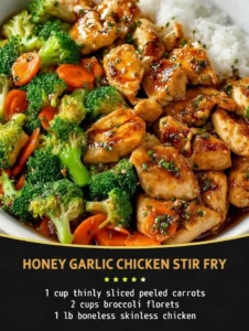 Delicious Honey Garlic Chicken Stir Fry with vibrant vegetables in a bowl.