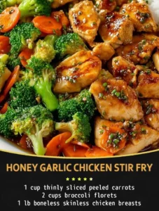 Delicious honey garlic chicken stir fry served in a bowl with vegetables
