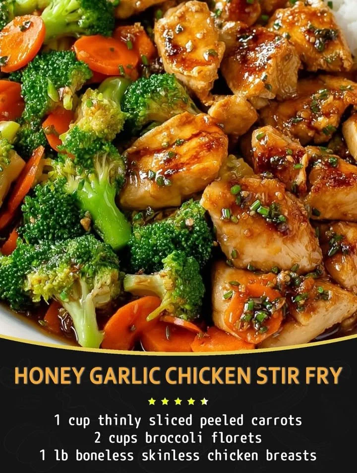 Delicious honey garlic chicken stir fry served in a bowl with vegetables